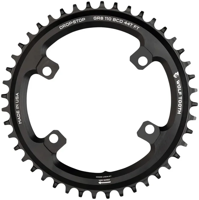 Wolf Tooth Shimano 110 Asymmetric BCD Chainring – 42t 110 Asymmetric BCD 4-Bolt Drop-Stop Flattop For Shimano GRX Cranks BLK